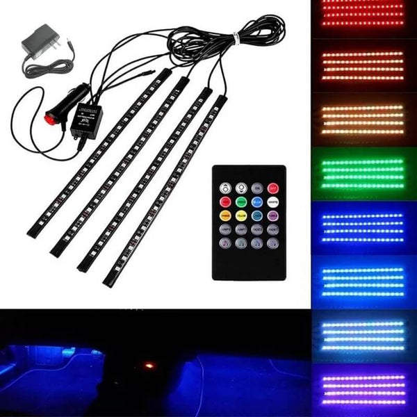1+1 CADOU Sistem Iluminare Ambientala Auto cu 4 Benzi LED RGB si Telecomanda - 7 Culori Schimbabile