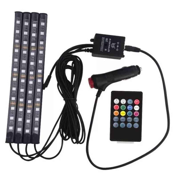 1+1 CADOU Sistem Iluminare Ambientala Auto cu 4 Benzi LED RGB si Telecomanda - 7 Culori Schimbabile
