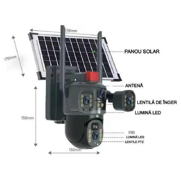 Camera Solara Tripla, Conexiune 4G cu SIM, 12MP Ultra HD, Zoom 10X, Vedere Nocturna Color, Panou Solar 7.5W