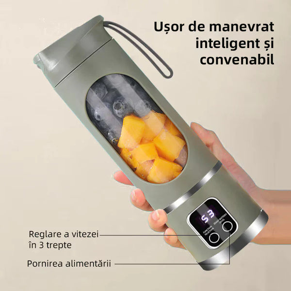 Mini blender portabil (450 ml, 12 lame, fără BPA) + termos auto din oțel inoxidabil 1200 ml
