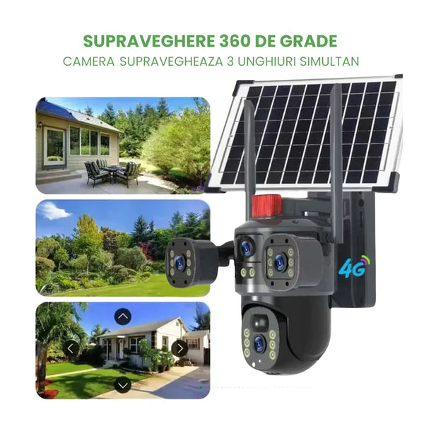 Camera Solara Tripla, Conexiune 4G cu SIM, 12MP Ultra HD, Zoom 10X, Vedere Nocturna Color, Panou Solar 7.5W