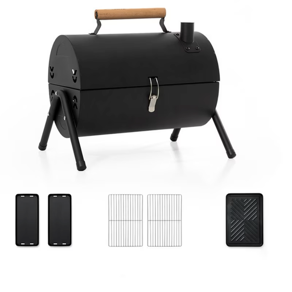 Gratar, mic portabil, de uz casnic, multifunctional, carbune, cu tigaie pentru gratar, design zona de gratar cu doua fete, suport triunghiular stabil, echipat cu orificii, negru, 37X25X38CM