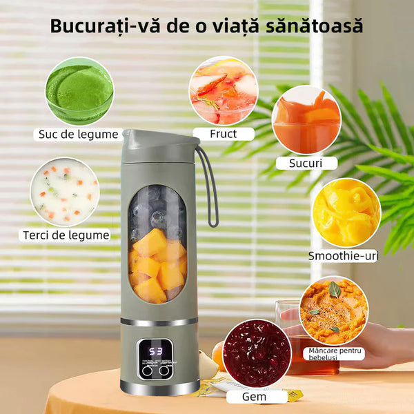 Mini blender portabil (450 ml, 12 lame, fără BPA) + termos auto din oțel inoxidabil 1200 ml