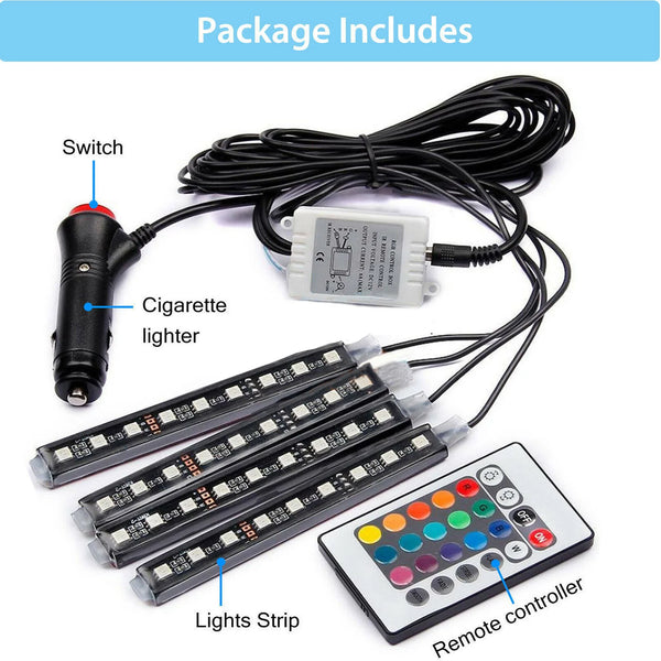 1+1 CADOU Sistem Iluminare Ambientala Auto cu 4 Benzi LED RGB si Telecomanda - 7 Culori Schimbabile