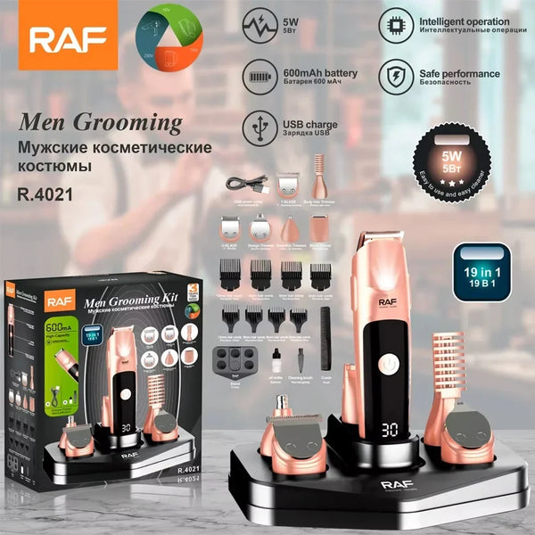 Set cu aparat de tuns fara fir, RAF R4021, 5W, cu 19 accesorii, incarcare USB Type C si suport, 19.5x15x20cm, negru-cupru