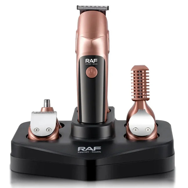 Set cu aparat de tuns fara fir, RAF R4021, 5W, cu 19 accesorii, incarcare USB Type C si suport, 19.5x15x20cm, negru-cupru