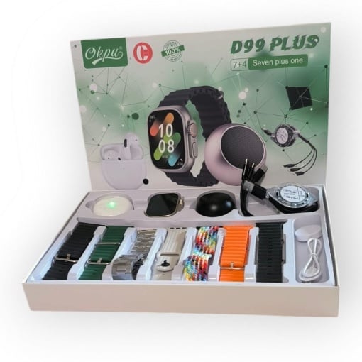 Set D99 Plus cu Ceas Smart, Casti in-ear, Boxa si Cabluri incarcare, 7 bratari pentru ceas, Multicolor