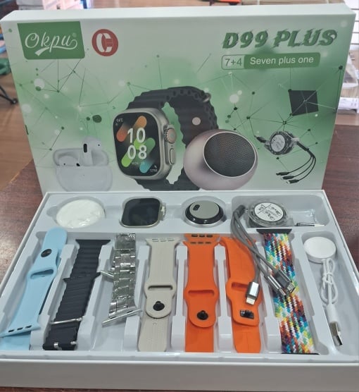 Set D99 Plus cu Ceas Smart, Casti in-ear, Boxa si Cabluri incarcare, 7 bratari pentru ceas, Multicolor