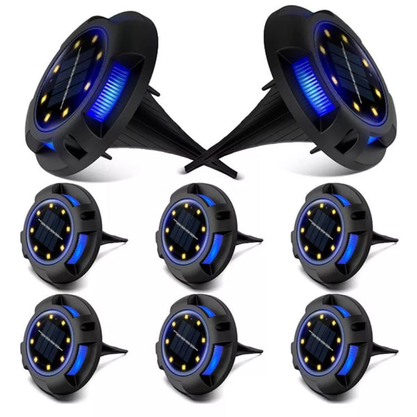 Set 8 lampi solare tip spot pentru gradina, 8 leduri alb cald si 4 leduri multicolor RGB, buton ON/OFF