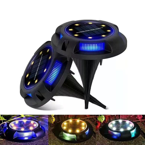 Set 8 lampi solare tip spot pentru gradina, 8 leduri alb cald si 4 leduri multicolor RGB, buton ON/OFF