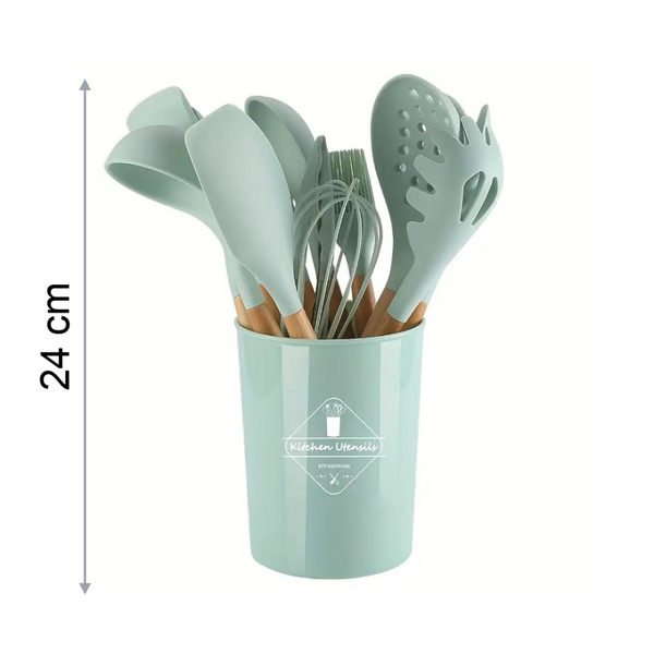 Uscator vertical pentru rufe + Set 12 Ustensile de Gatit din Silicon, cu Maner din Bambus