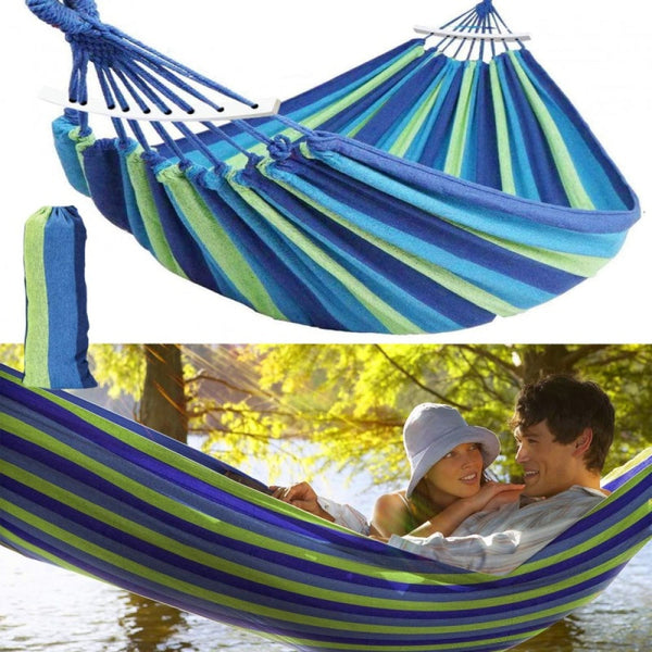 Hamac dublu bumbac cu bara de lemn + Scaun pliabil portabil, retractabil, telescopic, pentru exterior CADOU