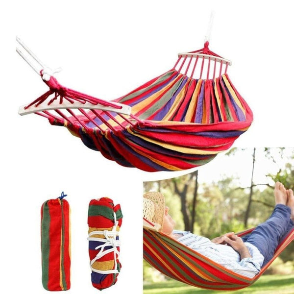 Hamac dublu bumbac cu bara de lemn + Scaun pliabil portabil, retractabil, telescopic, pentru exterior CADOU