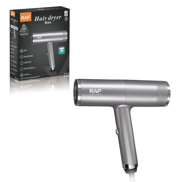 Uscator de par cu ioni negativi, RAF R474, 1600W, 2 viteze, buton de aer rece, 1 cap magnetic inclus, argintiu